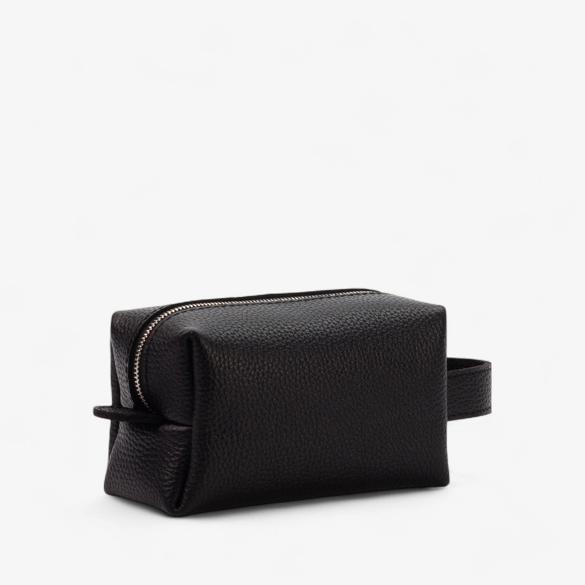 Black leather toiletry bag on a white background