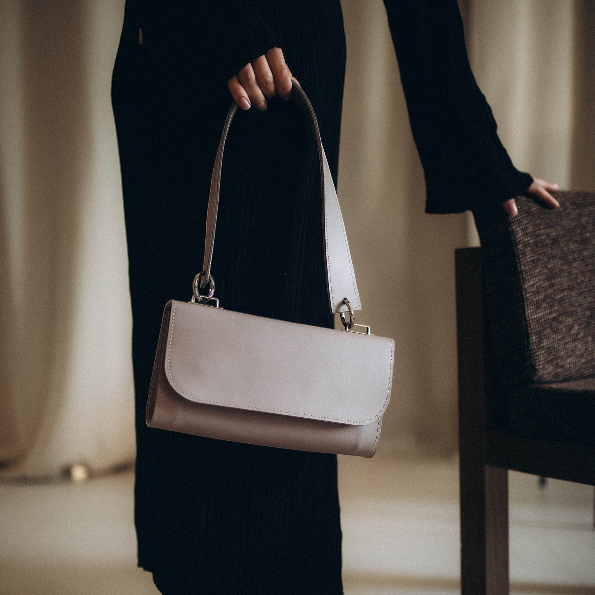 Grey Leather Baguette Bag for Women - Pache Tabala - Pache