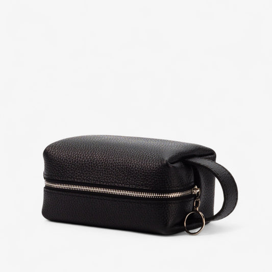 Black leather toiletry bag with a zipper on a white background