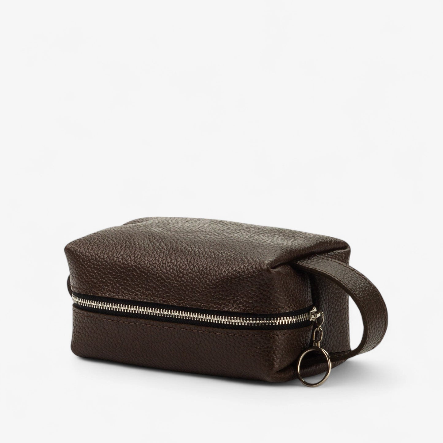 Brown leather bag with a zipper on a white background