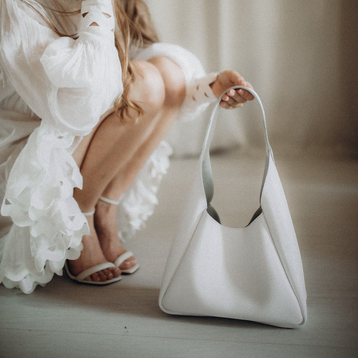 White Leather Hobo Bag for Women - Pache Torba - Pache