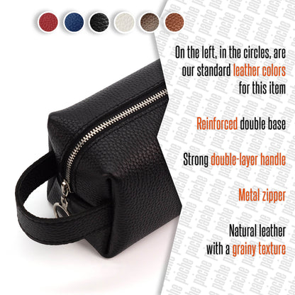 Black leather bag with metal zipper on a white background, accompanied by color swatches and text describing features.