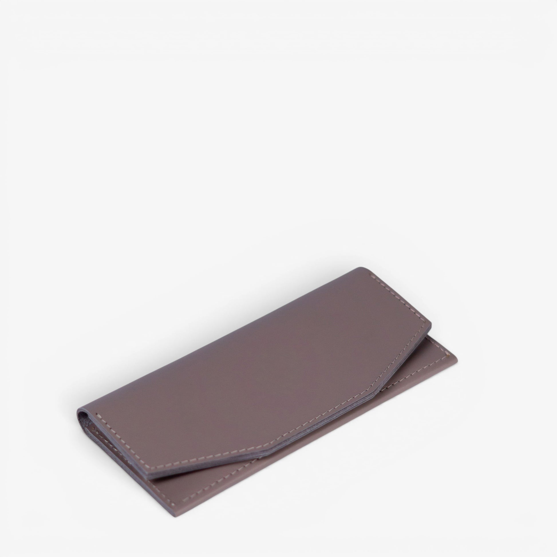 Gray slim leather wallet for women, minimalist handmade wallet, angled view