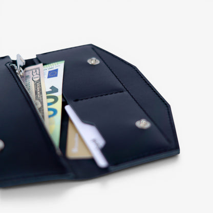 Black leather wallet with button closure, minimalist handmade design