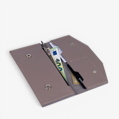 Open gray leather wallet filled with cards and cash, compact everyday design
