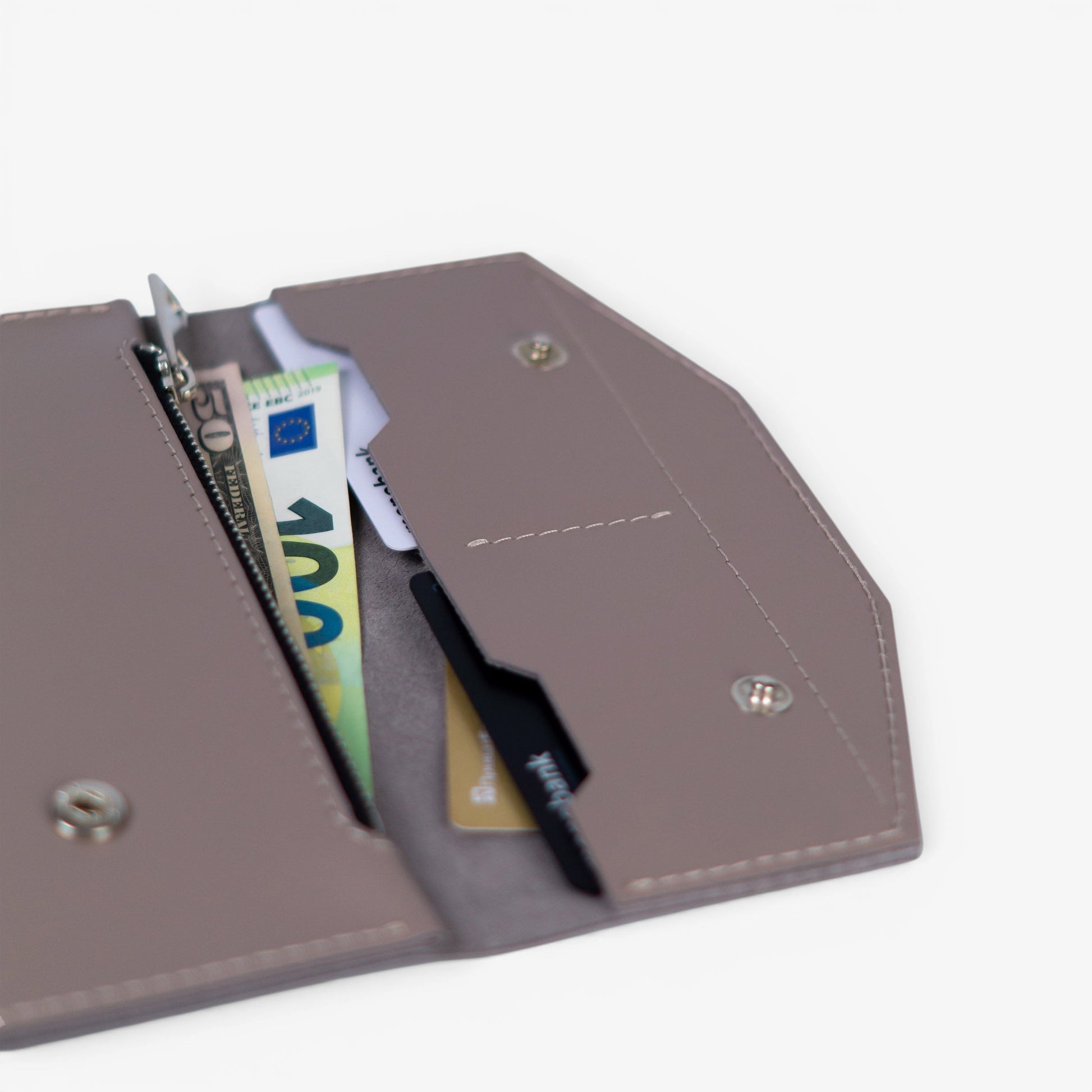Gray leather wallet with button closure, minimalist handmade design