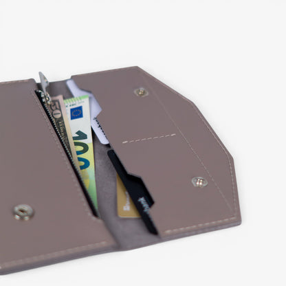 Gray leather wallet with button closure, minimalist handmade design