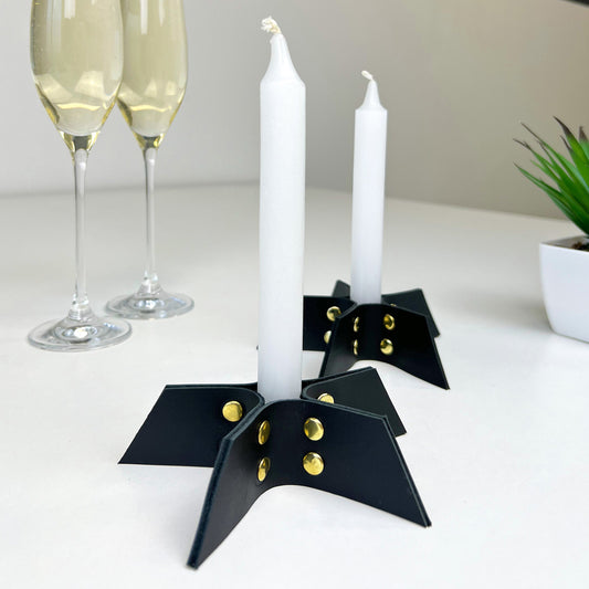 Set of Two Black Leather Candle Holders - Handmade Minimalist Decor