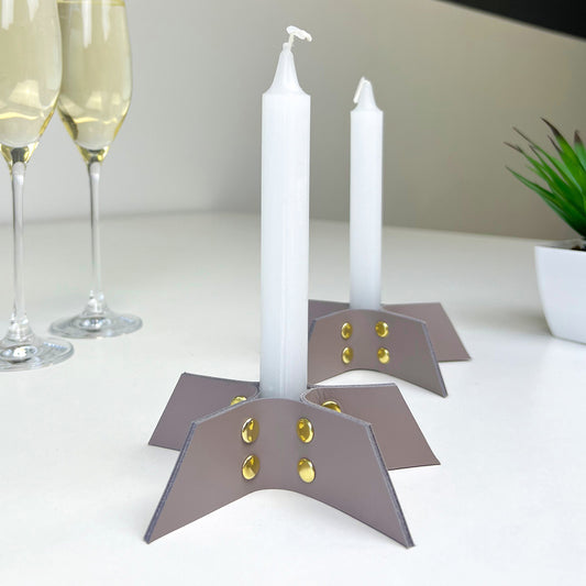 Set of Two Gray Leather Candle Holders - Handmade Minimalist Decor