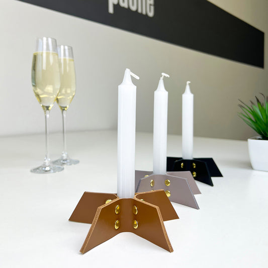 Set of Two Brown Leather Candle Holders - Handmade Minimalist Decor
