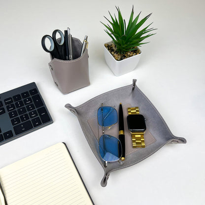 Brown Leather Desk Organizer Set - 2 Pieces (Tray & Pen Holder)