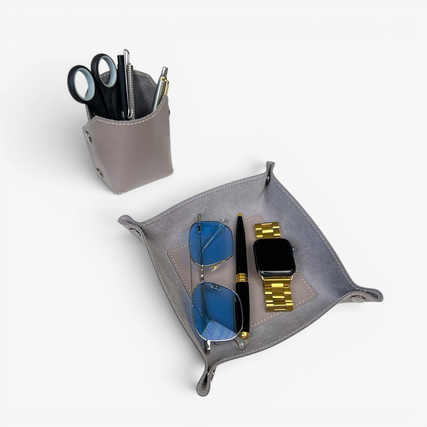 Black Leather Desk Organizer Set - 2 Pieces (Tray & Pen Holder) - Pache
