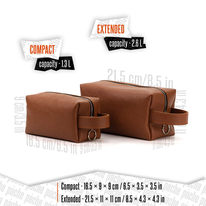 Two brown toiletry bags with capacity labels and dimensions on a white background