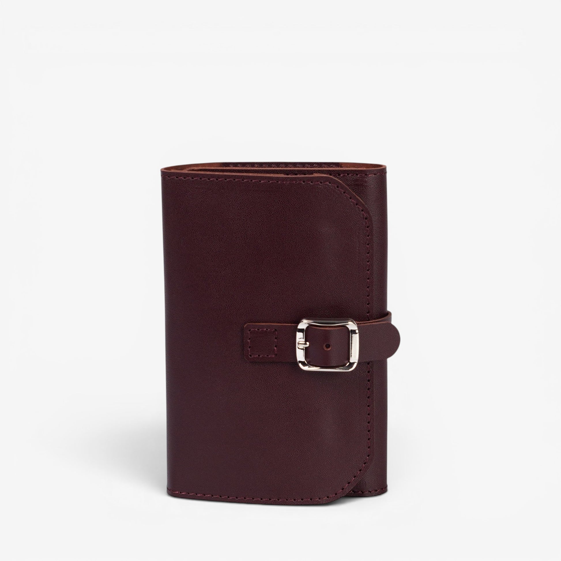 Burgundy Elin jewelry roll open with necklace holders and zipper pocket