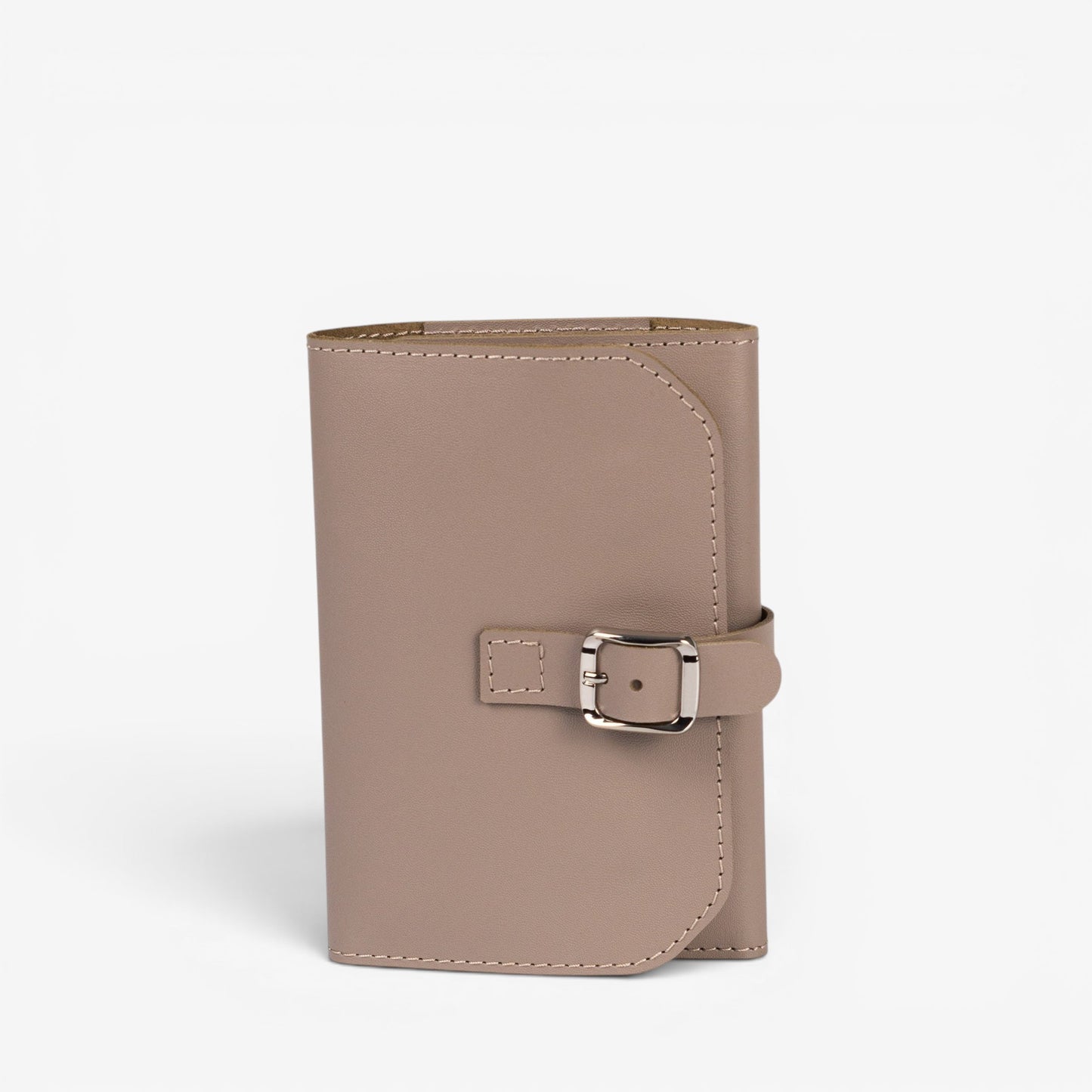 Gray Elin jewelry roll closed with leather buckle strap