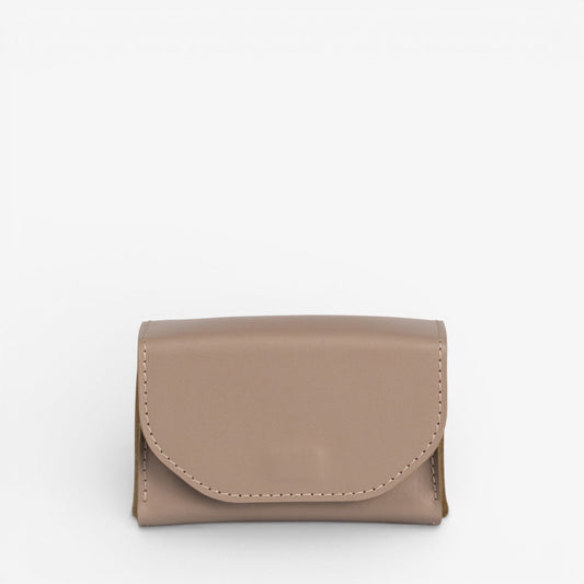 Gray Arcana tarot deck case open with structured leather shape and natural leather interior