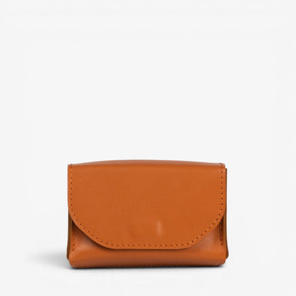 Cognac brown Arcana tarot deck case closed with structured leather shape and hidden magnetic closure