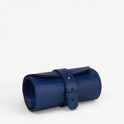 Blue Aven watch roll closed with strap and pebbled leather texture