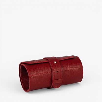 Red Aven watch roll open with zipper pocket and watch sections