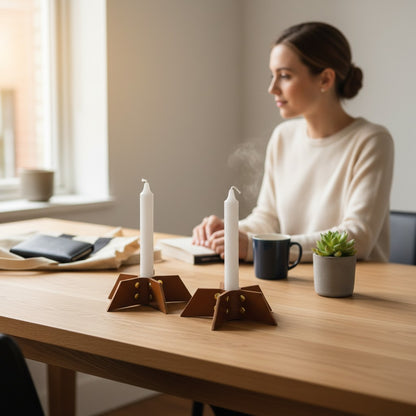 Pache set of 2 brown leather candle holders with white taper candles, featuring minimalist design and brass rivets.