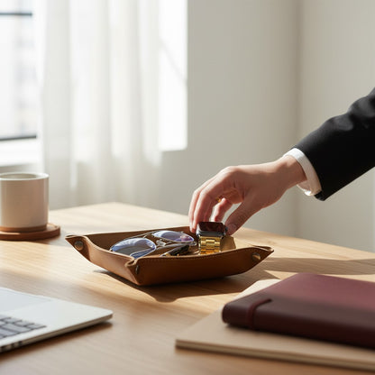 Pache brown leather desk catchall tray holding glasses, a pen, and a smartwatch. Handmade organizer for essentials.
