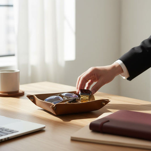 Pache brown leather desk catchall tray holding glasses, a pen, and a smartwatch. Handmade organizer for essentials.