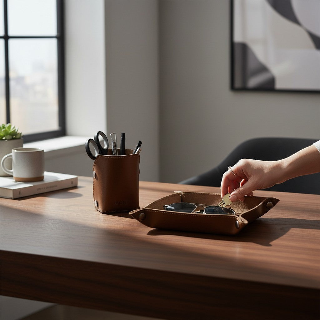 Pache brown leather 2-piece desk organizer set with pen holder and catch-all tray. Includes sunglasses, watch, pens, and scissors.