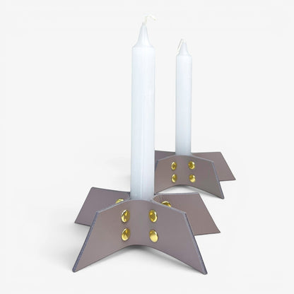 Pache gray leather candle holder set, minimalist design, handmade from 5 parts with gold rivets, fits 1.5-2 cm candles.