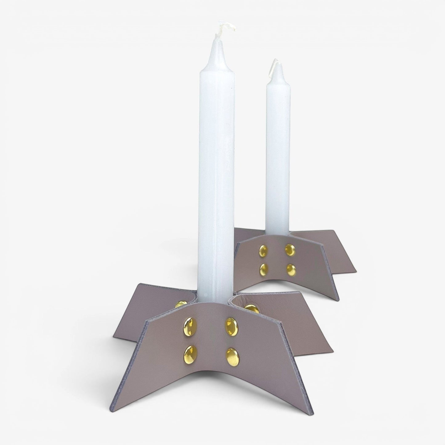 Pache gray leather candle holder set, minimalist design, handmade from 5 parts with gold rivets, fits 1.5-2 cm candles.