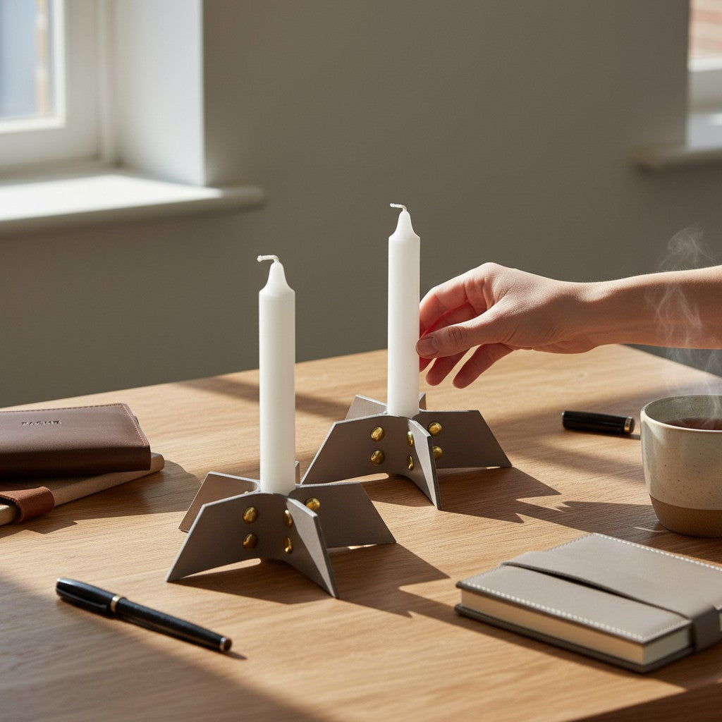 Pache gray leather candle holder set with gold rivets, minimalist design, holding white taper candles.