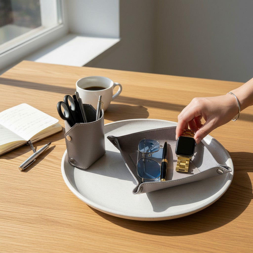 Pache gray leather 2-piece desk organizer set with tray for essentials and holder for pens, glasses, watch, and scissors.